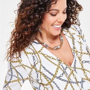 INC International Concepts White Blouse with Gold and Silver Chain Print